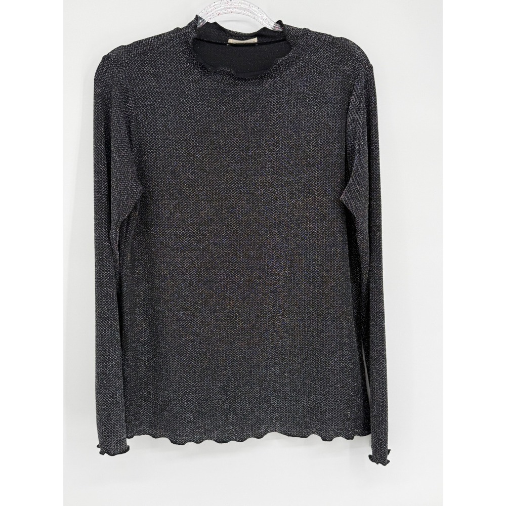 Kori Womens Black Silver Metallic Mock Neck Lettuce‎ Edge Long Sleeve Top Sz L